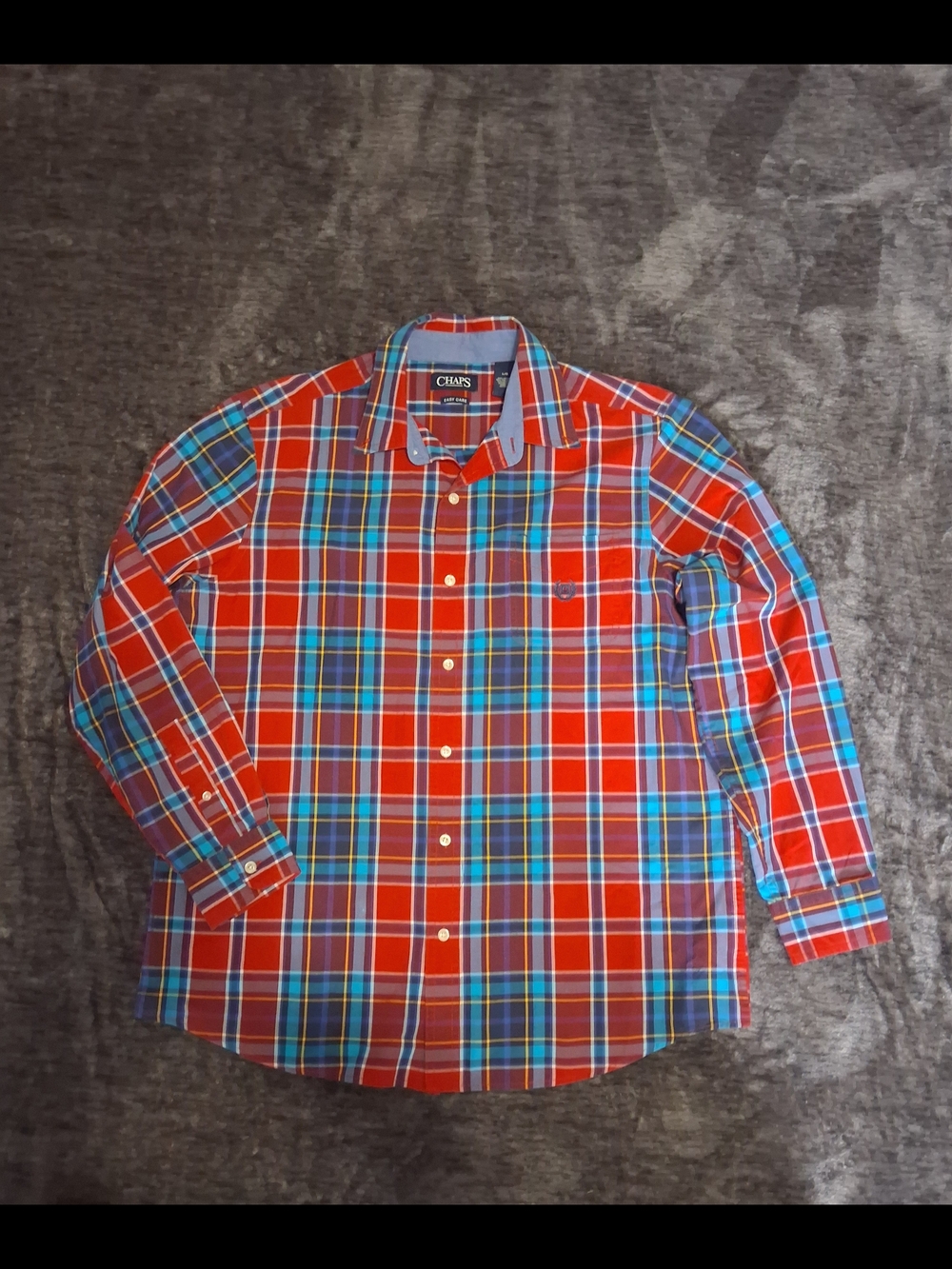 Chaps Red Blue Plaid Button-Up Longsleeve Collared Shirt Mens Classic Fit Size L